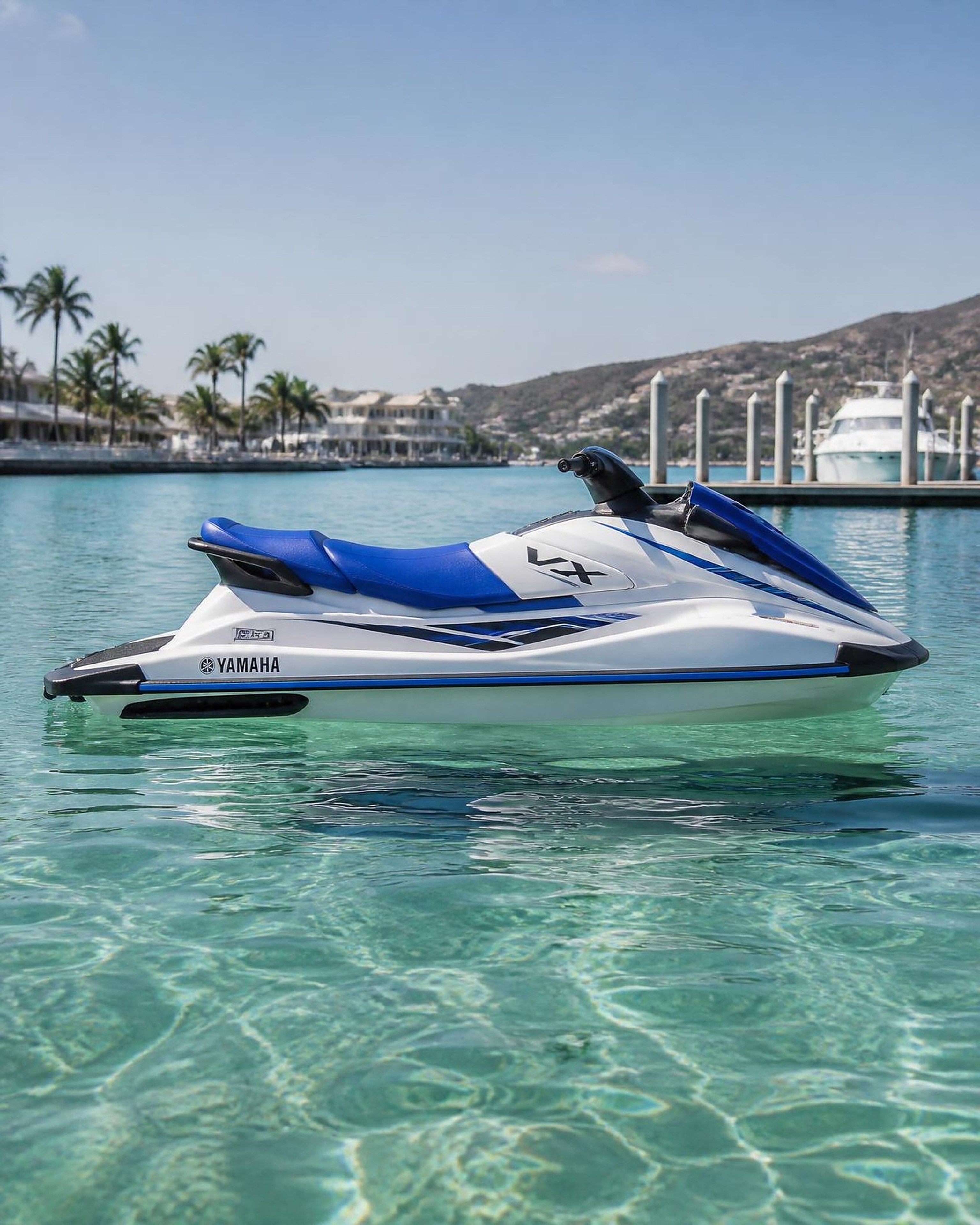 Side profile of a Jet Ski VX floating on calm clear water