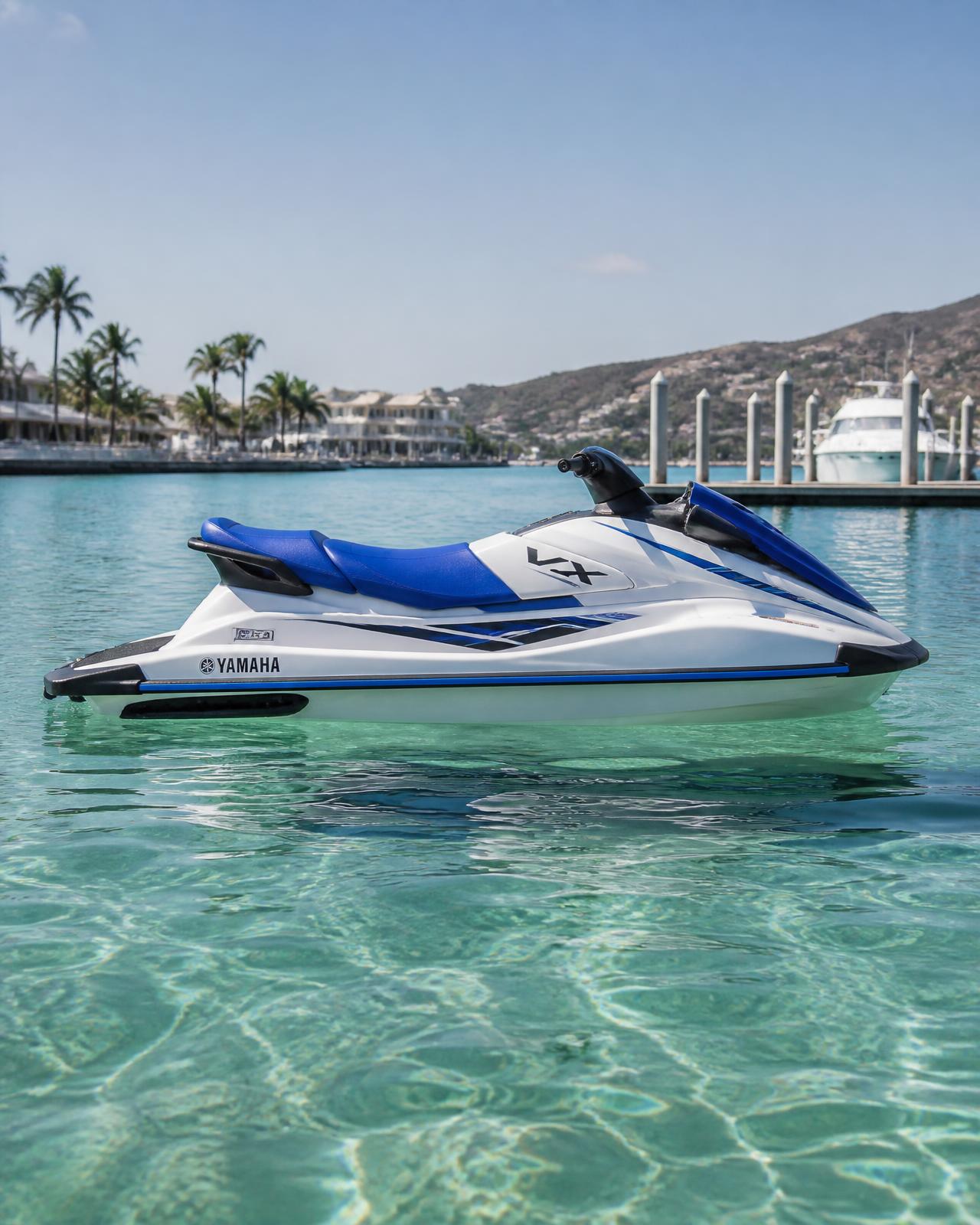 Side profile of a Jet Ski VX floating on calm clear water