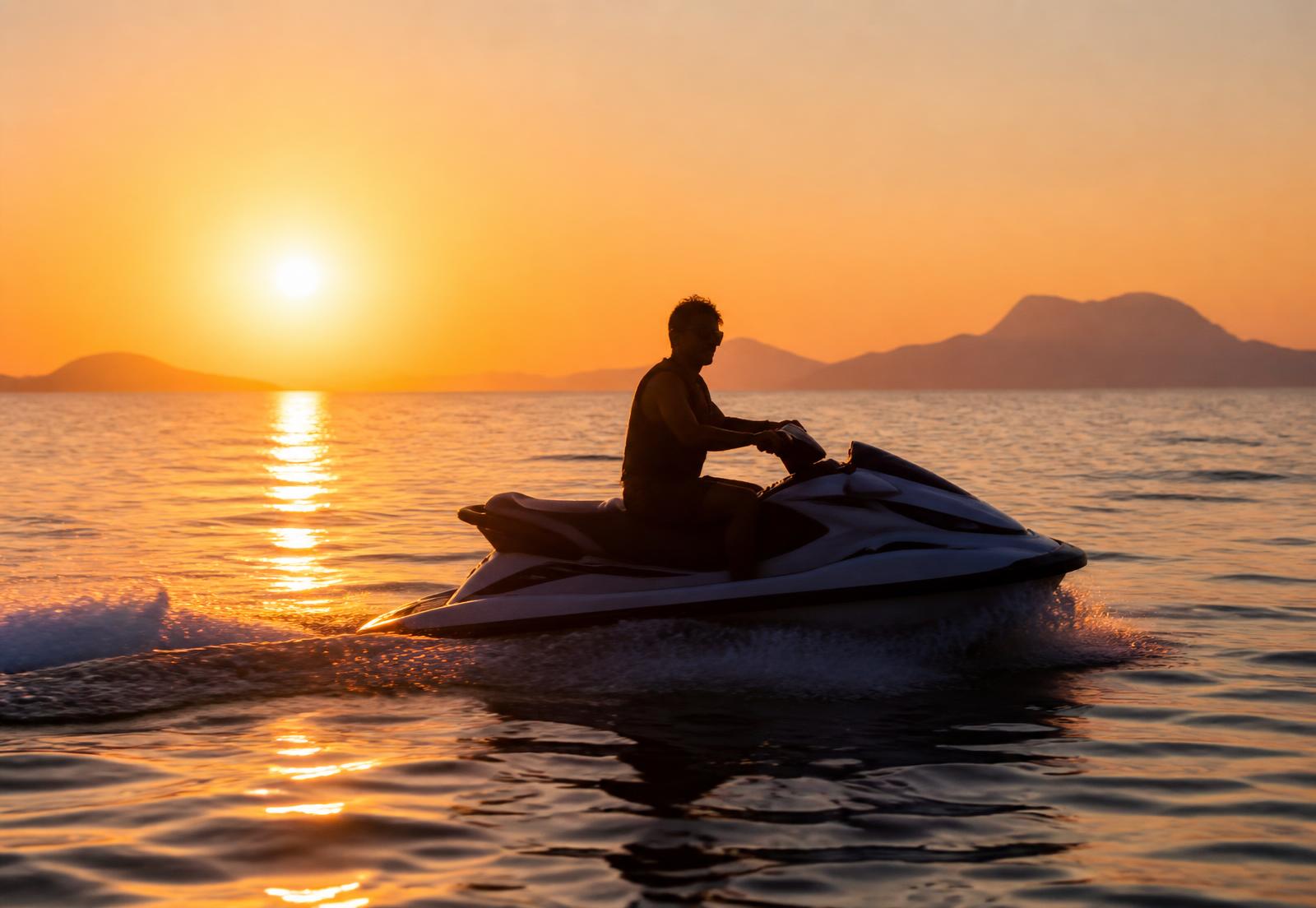 Jet ski silhouette at Mediterranean sunset
